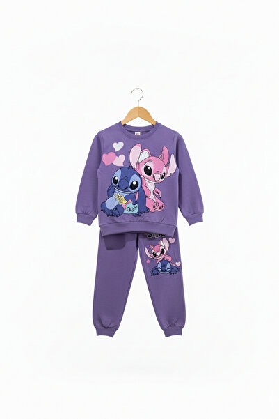 zubi kids wear Mor Renk Lisanslı Stitch ve Angel Baskılı Çocuk Eşofman Takımı (3-6 Yaş)