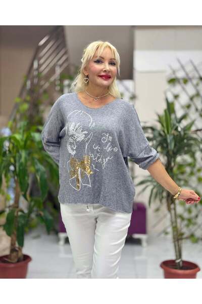 Punta Otantik YG5810 Τυπωμένη ιταλική μπλούζα πλεκτών ρούχων γκρι