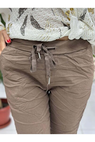 Punta Otantik Yg60008 Italian Side Sequin Cotton Pants Brown