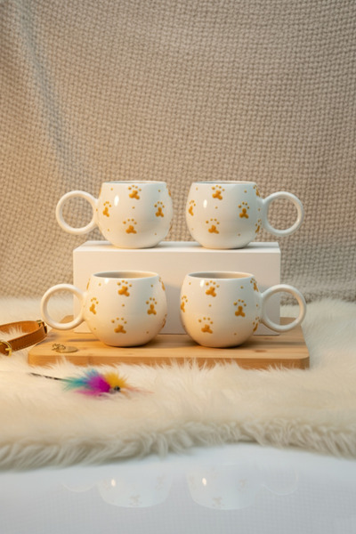 Yellow Paw Patterned 4-Piece Handmade Ece Mug Set – Coffee & Tea Cup Mug