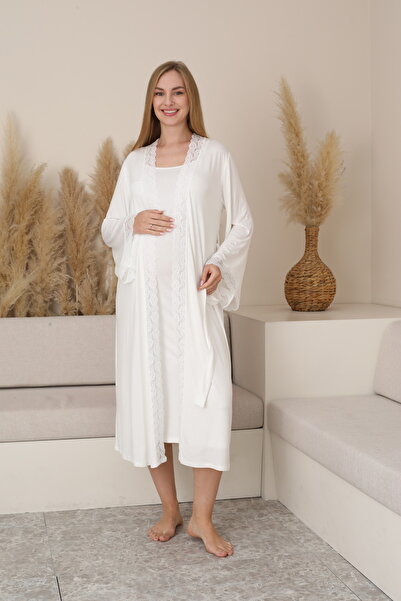Miss Dünya Lissa Serenity Lace Detailed Maternity and Postpartum Dressing Gown Suspender Nightgown Set