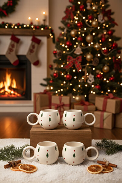 Home Mini Çam Ağacı Kabartmalı 4’lü El Yapımı Ece Kupa Takımı – Kahve & Çay F...