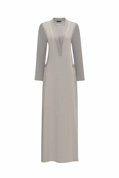 MISS DALIDA V Yaka Triko Astarlı Keten Gri Elbise