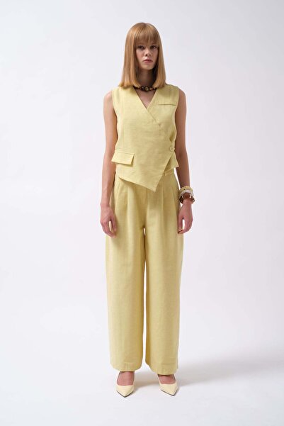 Maxi modena Side Button Asymmetrical Linen Yellow Vest