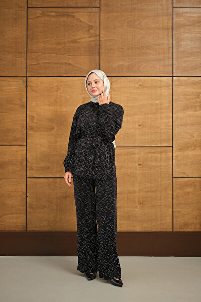 LOCCO Kadın Taşlı Bel Bağlamalı Takım Siyah