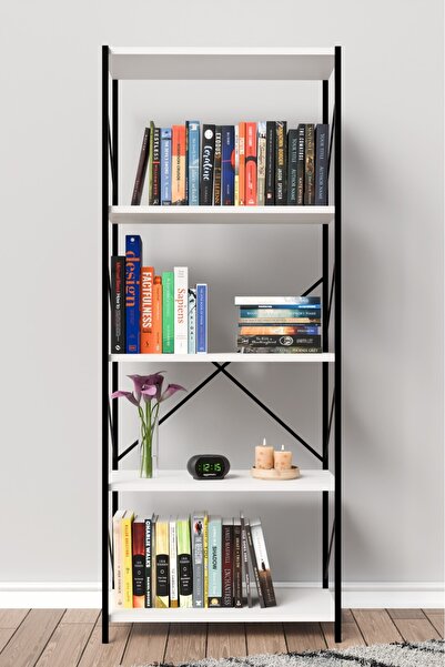 WOODENSA Metal Kitaplık 5 Raflı Ofis Kitaplığı Kitap Dosya Rafı Beyaz
