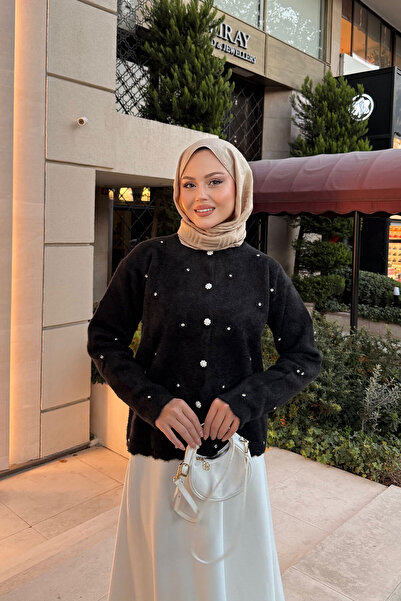 LOCCO Women's Stone Flower Buttoned Cardigan Black