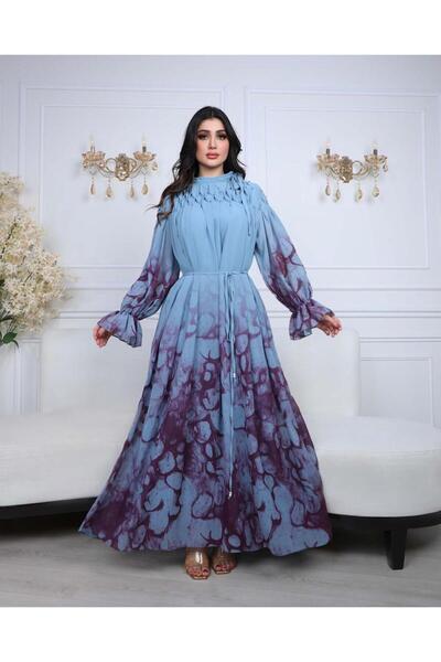 Opera Fashion فستان سماوي مشجر ناعم بربطة خصر وأكمام واسعة