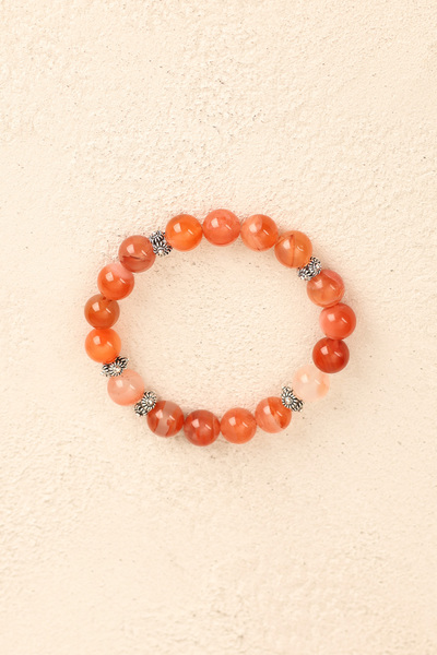 Safnaturel سوار من حجر العقيق اليمني (10 مم) الطبيعي مع جهاز فضي