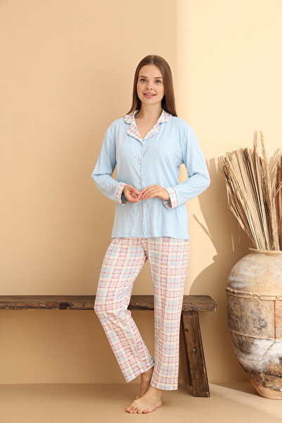 ELİTOL Set de pijamale pentru femei, albastru, cu detalii în carouri