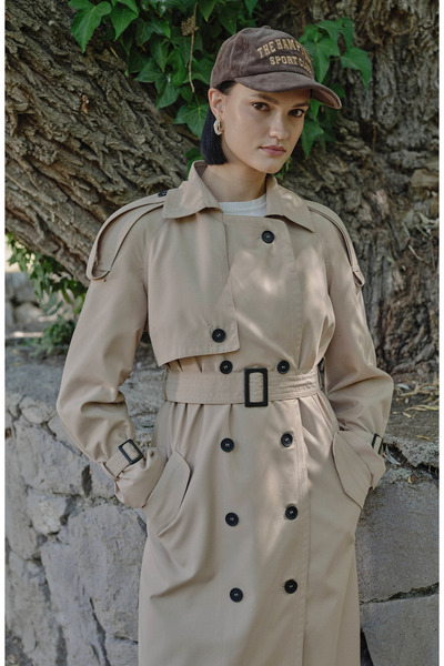 Fatma Atasoy Apoletli Sütlü Kahve Oversize Trençkot