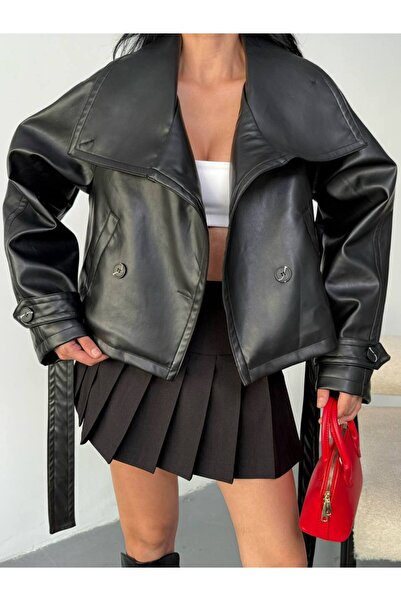 Friday Mood Kadın Kuşak Detaylı Dik Yaka Deri Trençkot