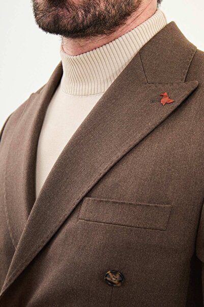 Mcr Straight Slim Fit Wide Collar Punto Stitching Double Breasted Men's Suit Coffee - 45421.25K