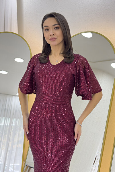 zks grup tekstil Women's Flywheel Sleeve Sequin Fish Plus Size Evening Dress Black, Beige, Mink, Navy Blue, Burgundy, Plum