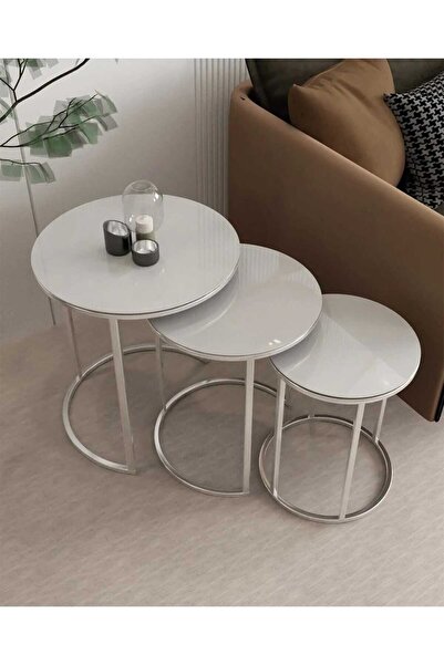 CEOEXPORT ZİGON SEHPA KOLTUK YANI GÜMÜŞ BEYAZ CAM