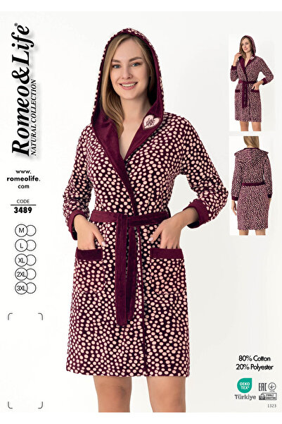 ROMEO LİFE رداء حمام منزلي نسائي بغطاء رأس ذو ملمس ناعم من القطن والمخمل / وردي-بورجوندي - 3489