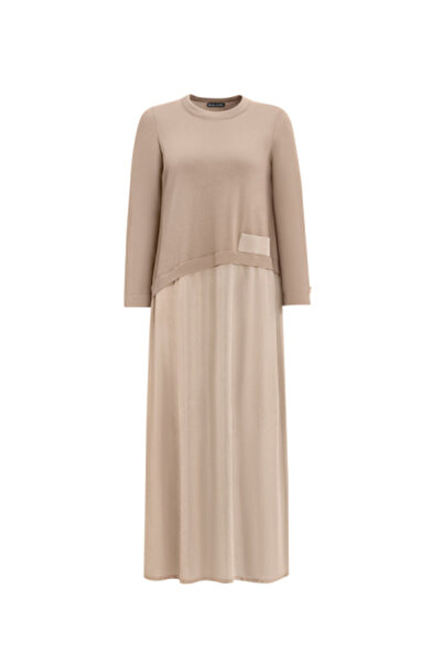 MISS DALIDA Asimetrik Kesim Cupro Triko Taş Rengi Elbise