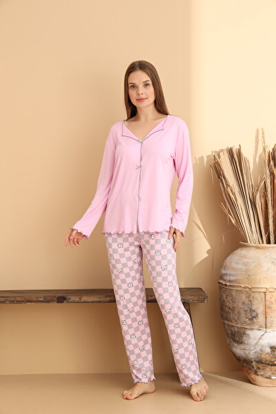 ELİTOL Pink Square Patterned Women's Pajama Set
