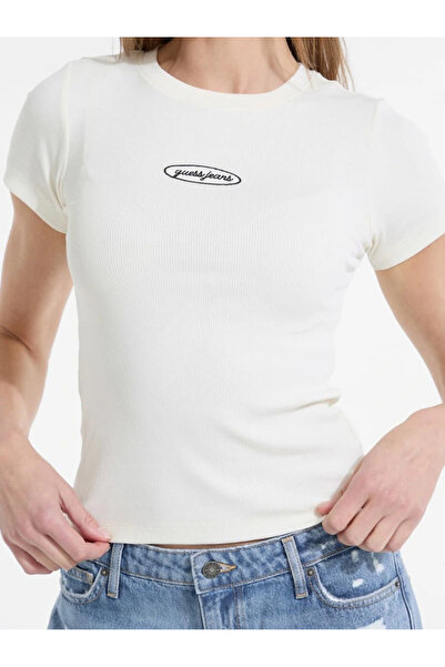 Guess Women's Cream Color Slim Fit Logo T-Shirt W5Yp37Ka0H1-G053