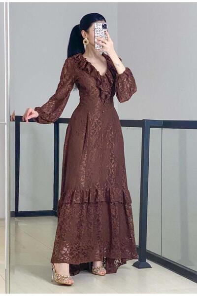 Opera Fashion فستان سهرة ناعم لون موكا موس دانتيل