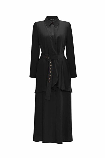 MISS DALIDA Cupro Yaka Detaylı Keten Siyah Elbise