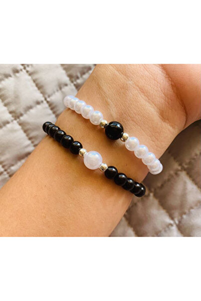 Shiklik Set of 2 Black and White Pearl Model Women's Elegant Bracelet Set