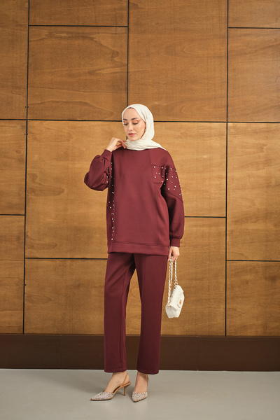 LOCCO Women's Stone Detail Suit Burgundy