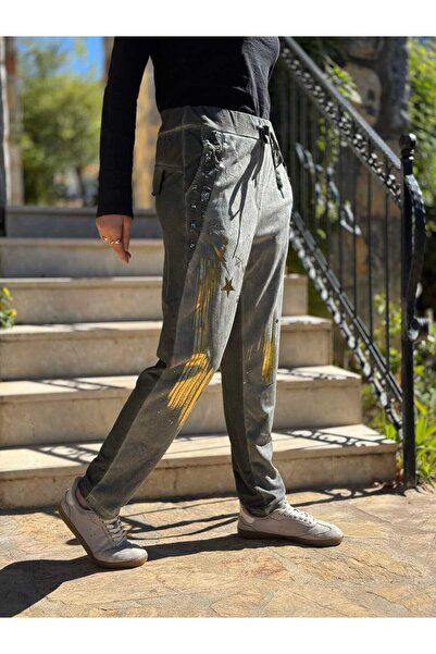 Punta Otantik Yg50618 Star Pattern Pulpayetli Italian Suede Pants Khaki