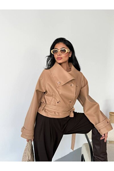 Friday Mood Women's Belted Detailed Stand Collar Leather Trench Coat