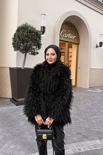 LOCCO Palton scurt de blană cu detaliu curea pentru femei, negru