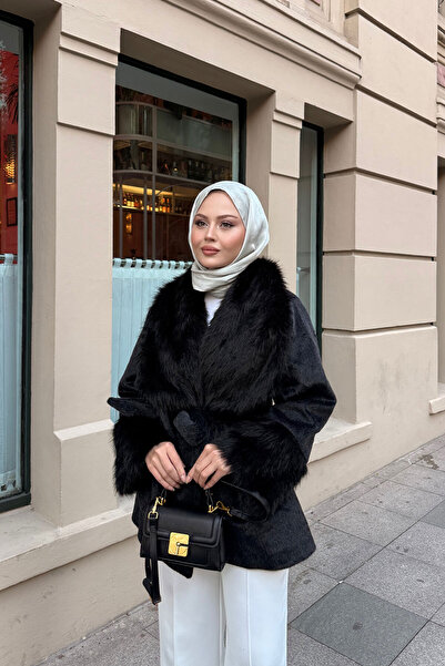 LOCCO Kadın Kürk Detay Bel Bağlamalı Kısa Kaban Siyah