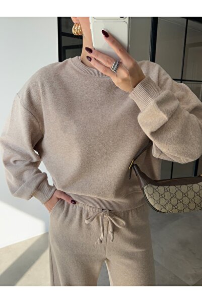 BB Bensu Buyruk BİSİKLET YAKA BEJ SELANİK KUMAŞ TAKIM