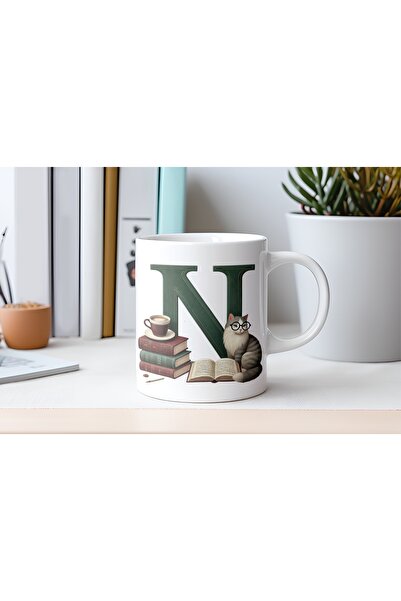 Beramussa N Letter Mug with Cat and Books Figures - Special for Book and Cat ...