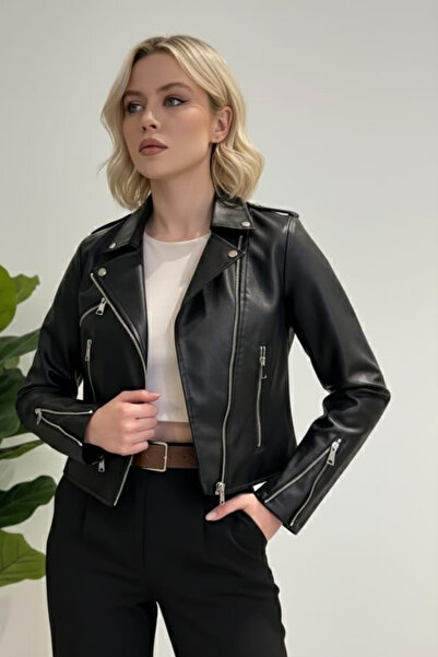 Random shopping Kadın Çift Cepli Fermuarlı Ve Kemer Detaylı Suni Deri Ceket