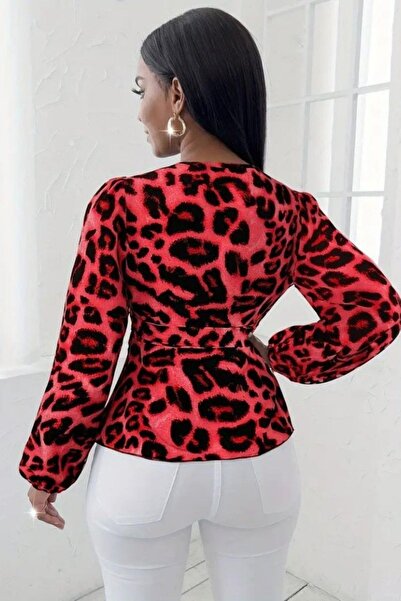 Mossta Long Sleeve Double Breasted Collar Leopard Print Single Jersey Blouse - Red