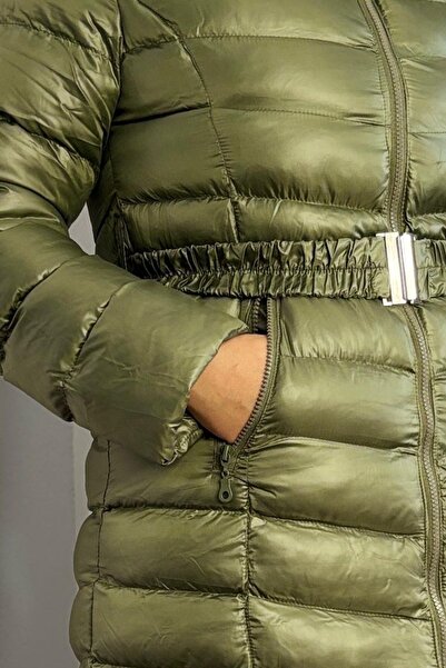 Thiff Women's Khaki Hat Belted Long Puffer Coat