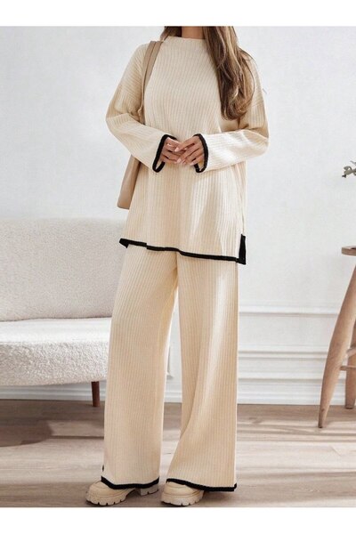 SHEZAN MODA طقم تريكو نسائي مكون من قطعتين بفتحة رقبة نصفية وفتحة جانبية BB-1...