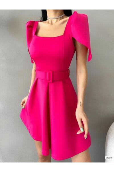 Modafeminen Scuba Esnek Kumaş Kare Yaka Pile Detaylı Kaplama Kemer Detaylı Ab...