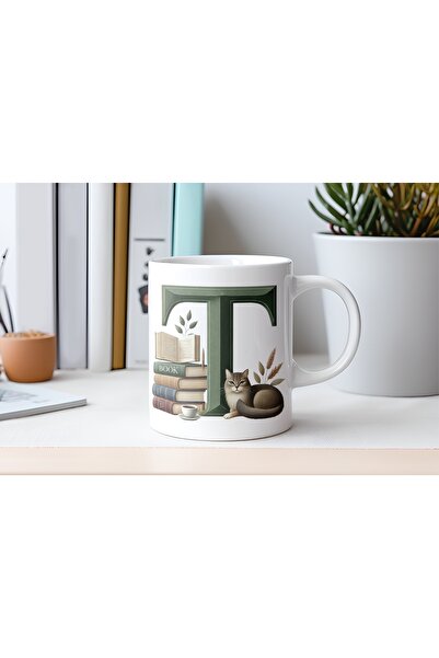 Beramussa T Letter Mug with Cat and Books Figures - Special for Book and Cat ...