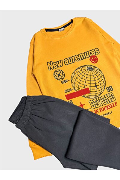 ALİŞ KİDS Erkek Çocuk Pamuklu Sarı Renk New Auremures Yazı Desenli Uzun Kollu Pijama Takımı