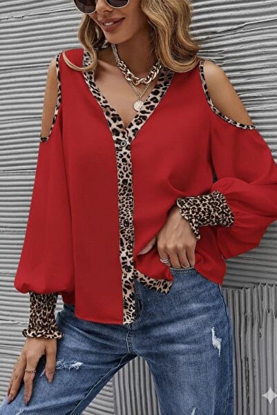 Mossta Omzu Open Shoulder Leopard Detailed Sandy Blouse - Red