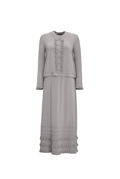 MISS DALIDA Etek Ucu Fırfırlı Kolsuz Triko Gri Elbise