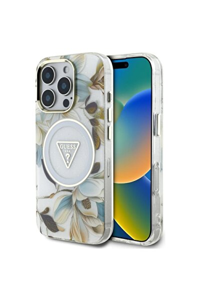Guess Husă pentru iPhone 16 Pro Max, IML Flowers cu curea din perle MagSafe -...