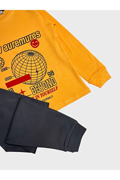 ALİŞ KİDS Erkek Çocuk Pamuklu Sarı Renk New Auremures Yazı Desenli Uzun Kollu Pijama Takımı