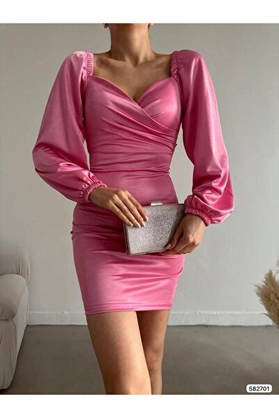 Modafeminen Βραδινό φόρεμα με λαμπερή σατέν λεπτομέρεια μπροστά 582701 ΡΟΖ