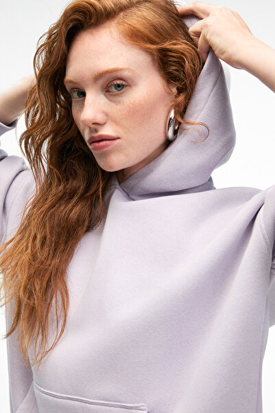 GRIMELANGE Clarie Women's Organic Cotton Oversize Kangaroo Pocket Hooded Lilac Sweatshirt