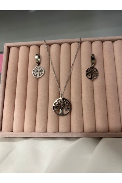 Bulut Takı Aksesuar Ağaç Detaylı Küpe Kolye Çelik Set
