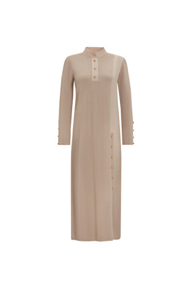 MISS DALIDA Dik Yaka Düğme Detaylı Taş Rengi Elbise