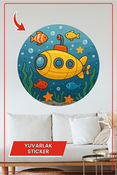 KOSS Dijital Autocolant rotund cu pești submarini, cu tematică de aventură subacvatică, autocolant decorativ pentru peretele camerei copiilor