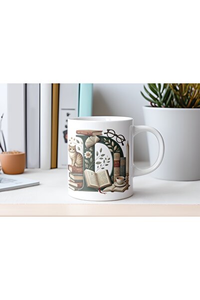 Beramussa كوب مع شخصيات على شكل حرف D وقطة وكتب - خاص لمحبي الكتب والقطط - هد...